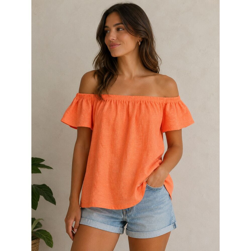 Loft 100% Linen Ruffle Off Shoulder Coral Orange Sz Small NWT Elevated Basics